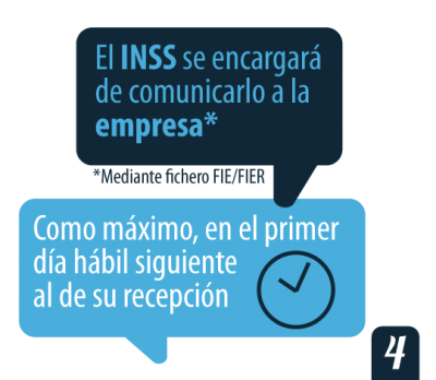 El INSS se encargará de comunicarlo a la empresa, como máximo, en el primer día habil siguiente al de su recepción.